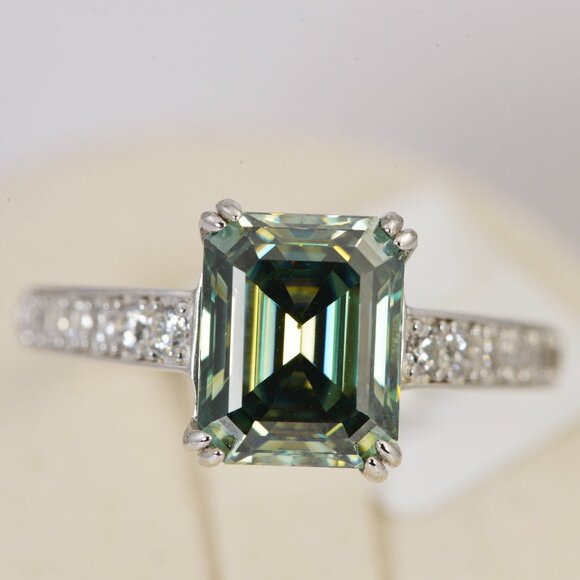 Moissanite Wholesaler Jewelry - GRA Certified 4ct Blue Green Emerald Cut Moissanite Engagement Ring 925 Sterling